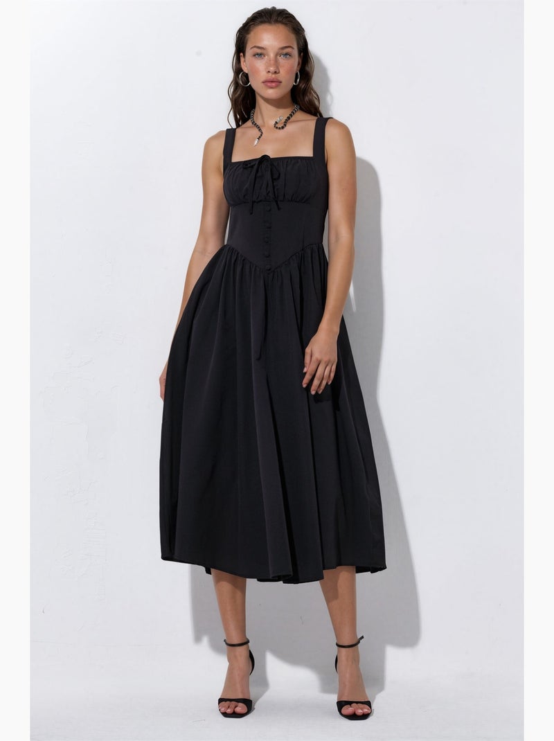 Vestido midi com gola quadrada e detalhe de botões busem Preto - Kiabi