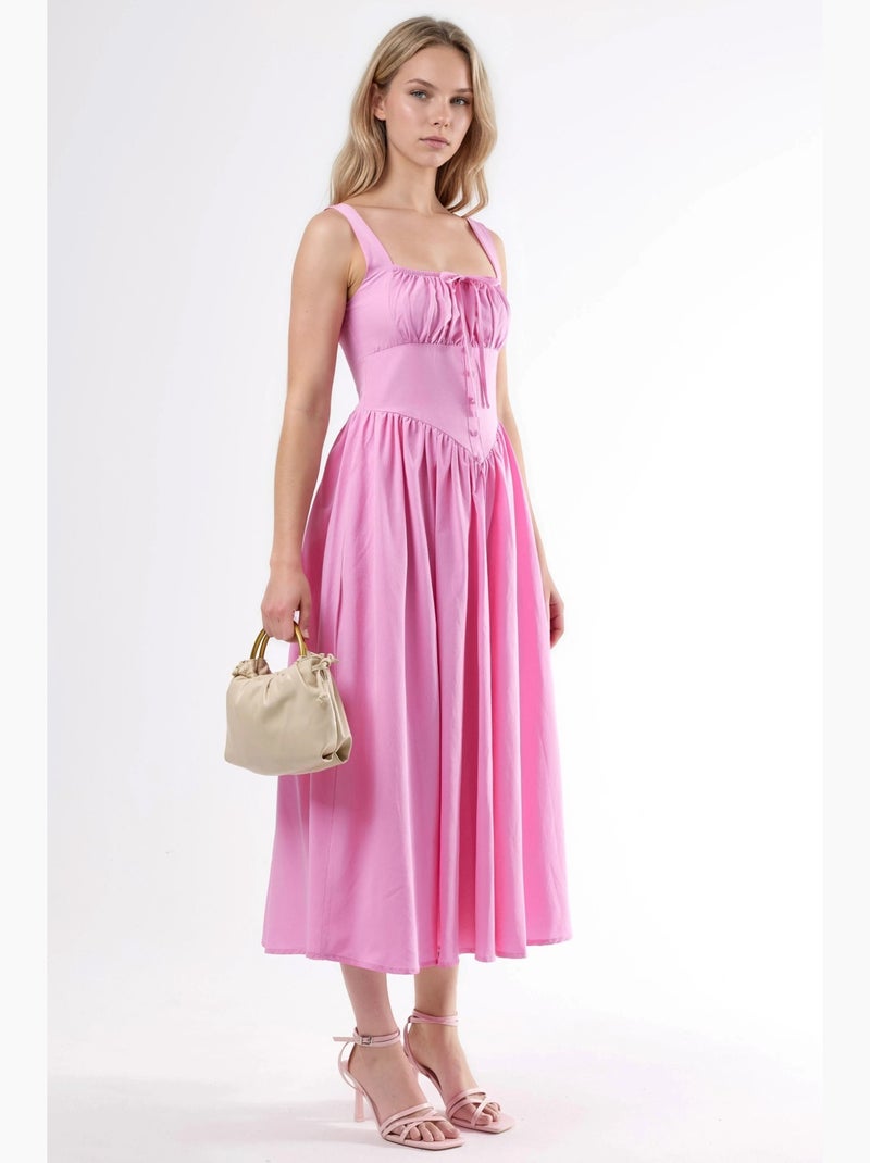 Vestido midi com gola quadrada e detalhe de botões busem Rosa doce - Kiabi