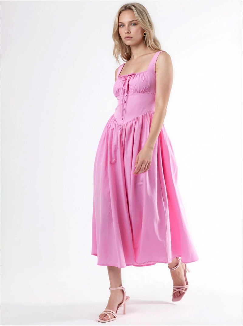 Vestido midi com gola quadrada e detalhe de botões busem Rosa doce - Kiabi