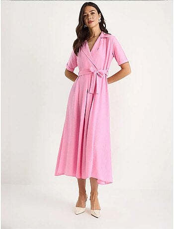 Vestido midi com gola xale e cinto lucci