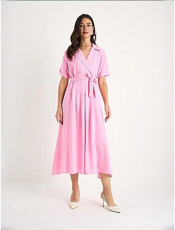 Vestido midi com gola xale e cinto lucci