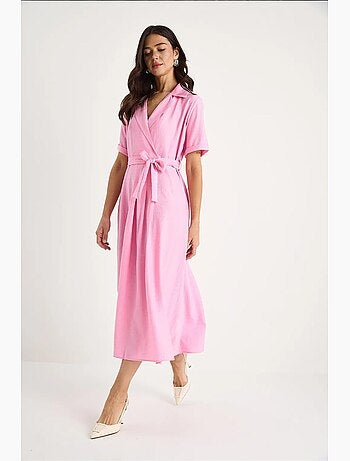 Vestido midi com gola xale e cinto lucci