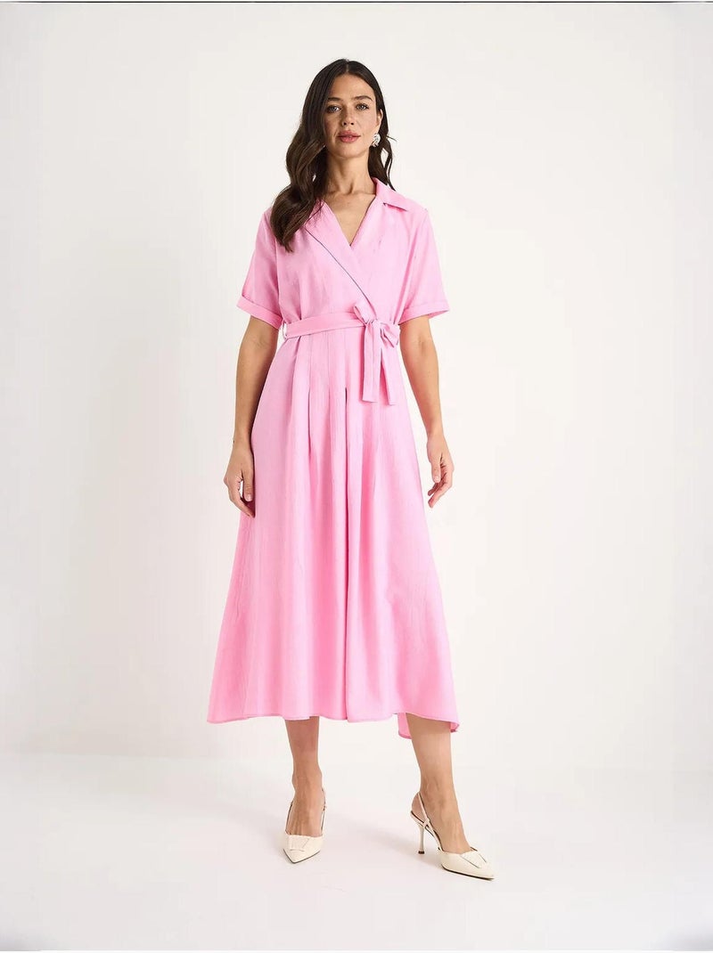 Vestido midi com gola xale e cinto lucci Rosa-fluo/Solinotes - Kiabi