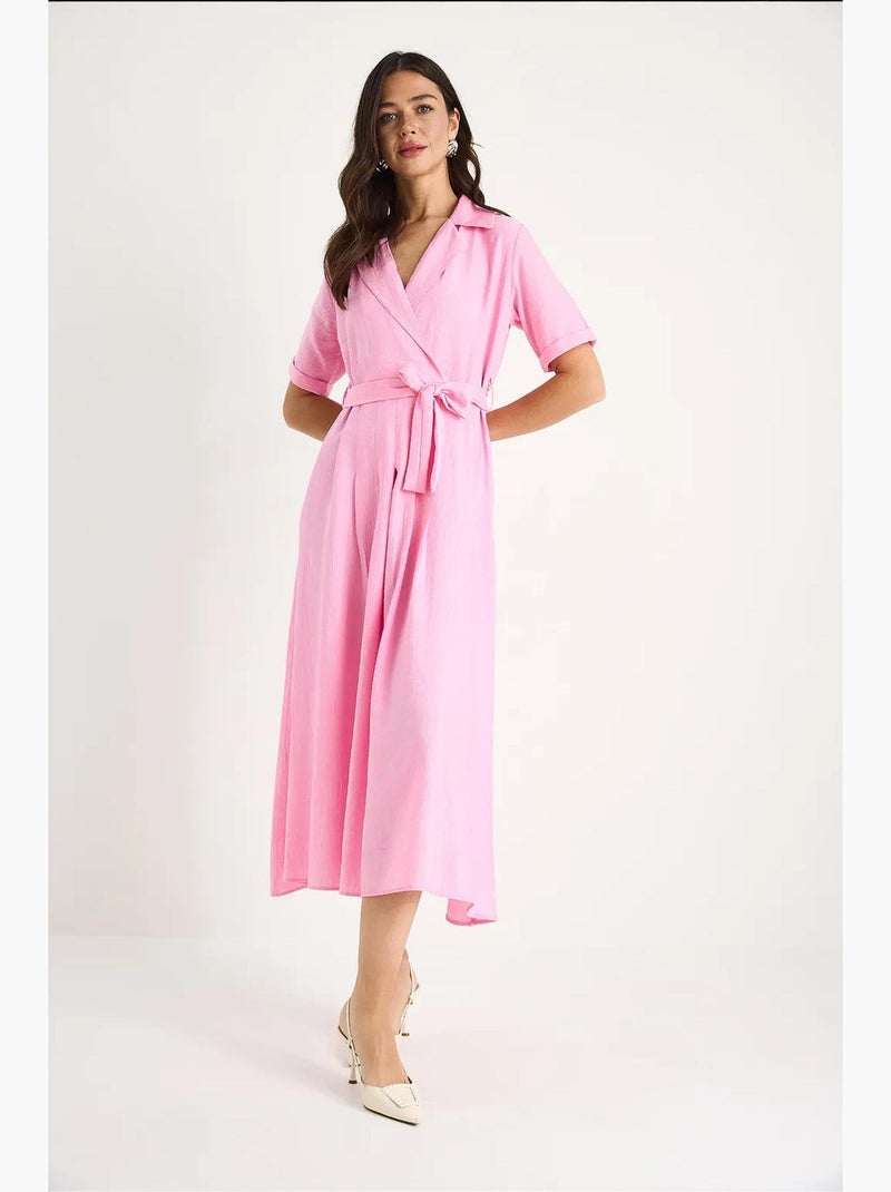 Vestido midi com gola xale e cinto lucci Rosa-fluo/Solinotes - Kiabi