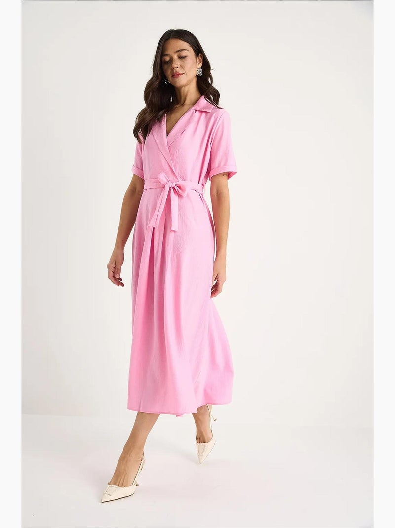 Vestido midi com gola xale e cinto lucci Rosa-fluo/Solinotes - Kiabi