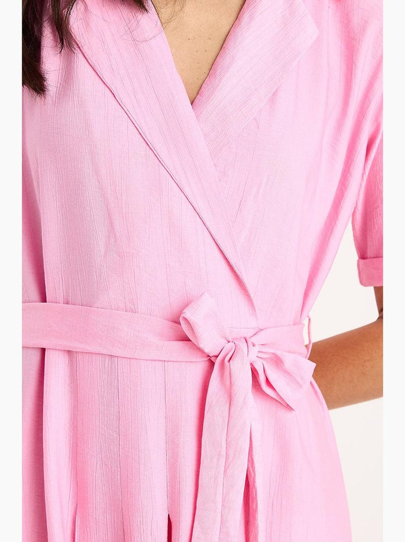 Vestido midi com gola xale e cinto lucci Rosa-fluo/Solinotes - Kiabi