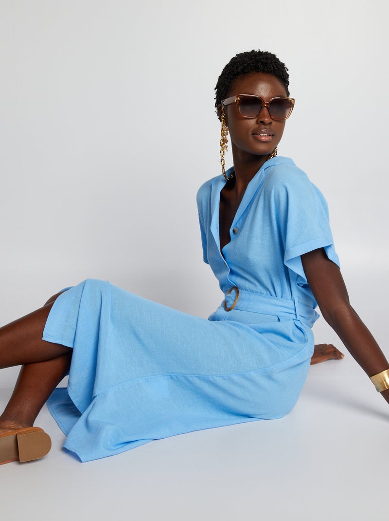 Vestido midi com linho misturado e cinto AZUL - Kiabi
