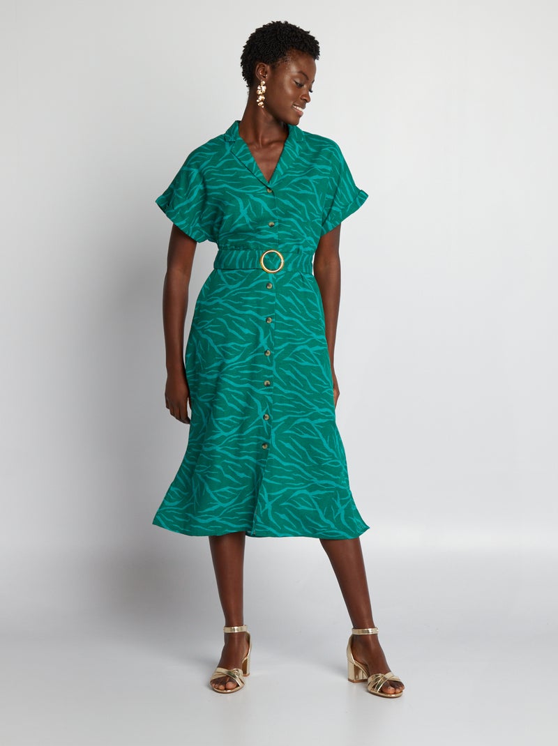 Vestido midi com linho misturado e cinto VERDE - Kiabi