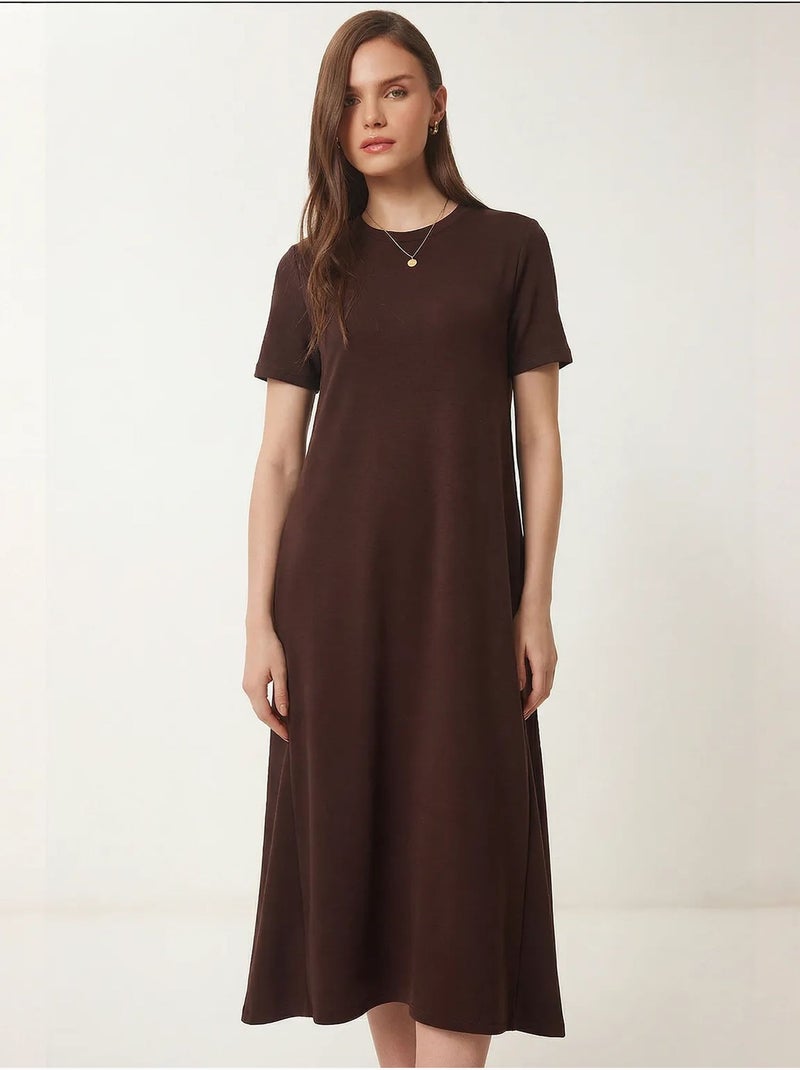 Vestido midi com mangas curtas e gola redonda istanbul Castanho-escuro - Kiabi