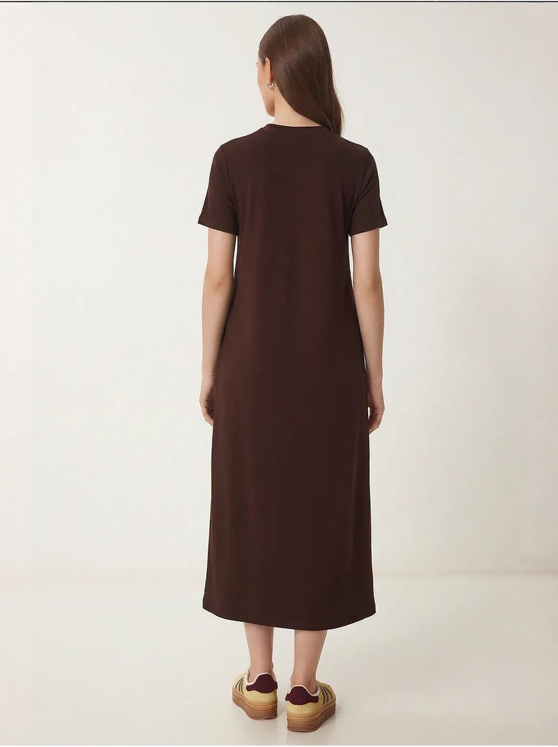 Vestido midi com mangas curtas e gola redonda istanbul Castanho-escuro - Kiabi