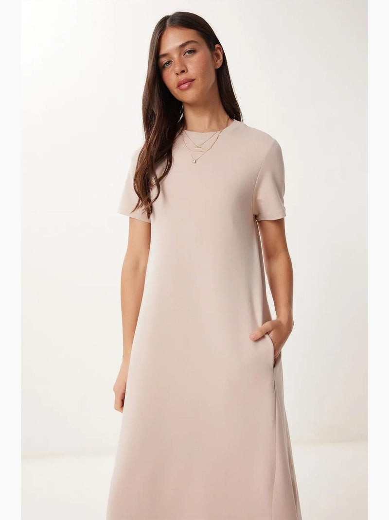 Vestido midi com mangas curtas e gola redonda istanbul Creme - Kiabi