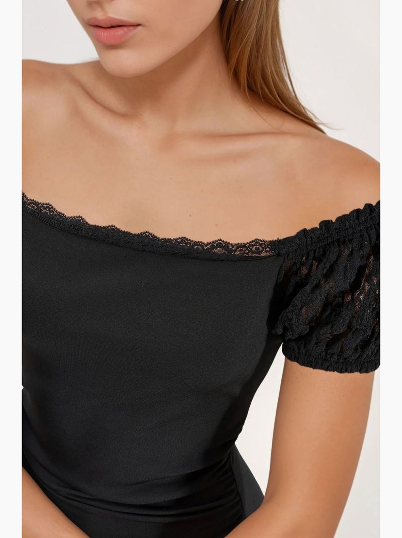 Vestido midi com mangas em renda hiccup Preto - Kiabi