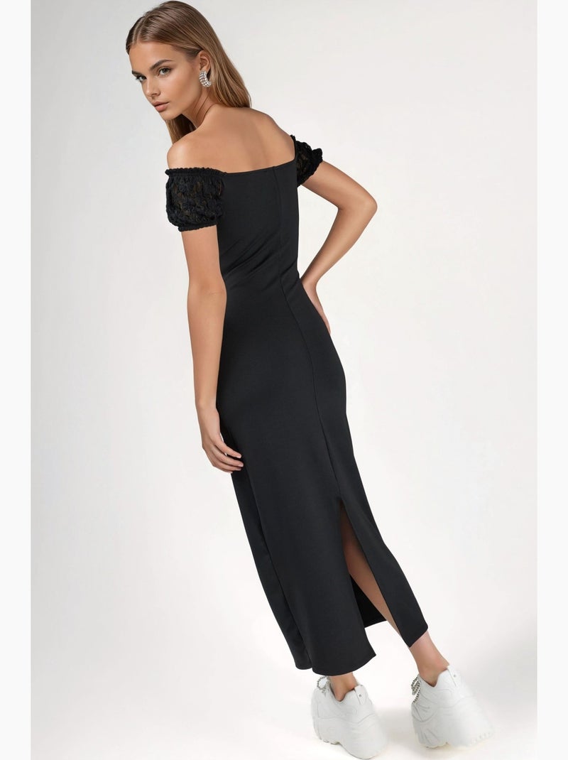 Vestido midi com mangas em renda hiccup Preto - Kiabi