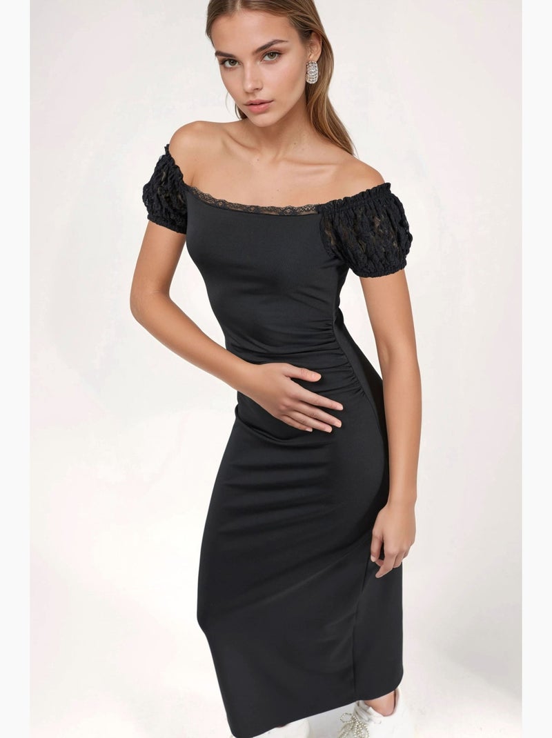 Vestido midi com mangas em renda hiccup Preto - Kiabi