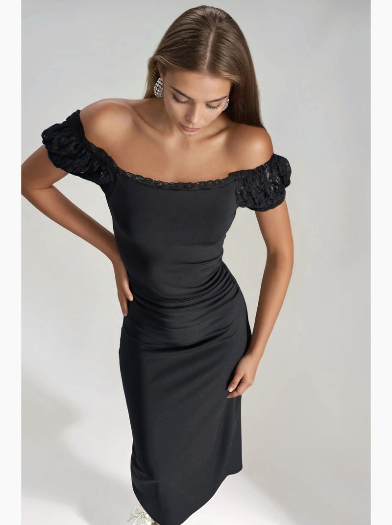 Vestido midi com mangas em renda hiccup Preto - Kiabi
