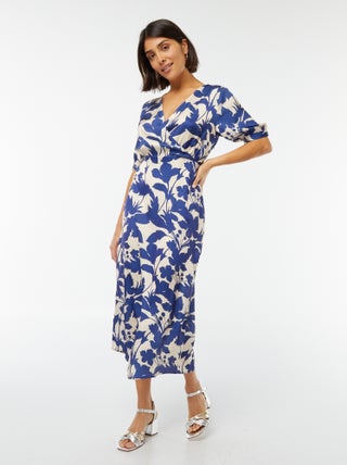 Vestido midi com motivo e decote cruzada
