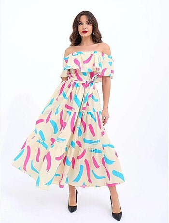Vestido midi com padrão, folhos e ombros descobertos janes