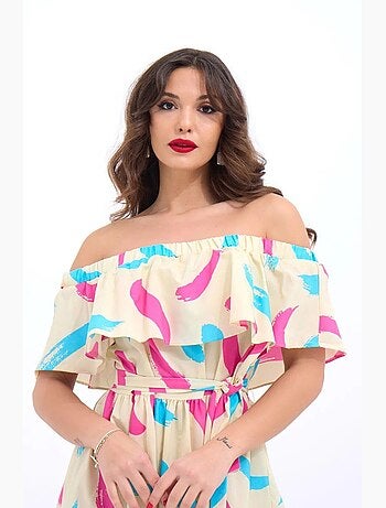Vestido midi com padrão, folhos e ombros descobertos janes