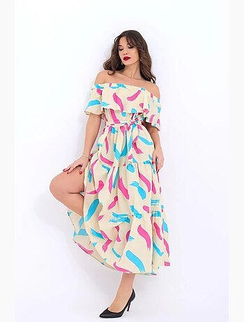 Vestido midi com padrão, folhos e ombros descobertos janes