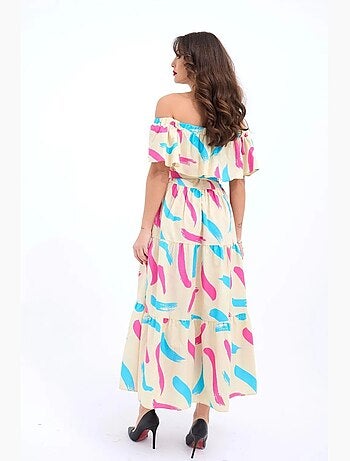Vestido midi com padrão, folhos e ombros descobertos janes