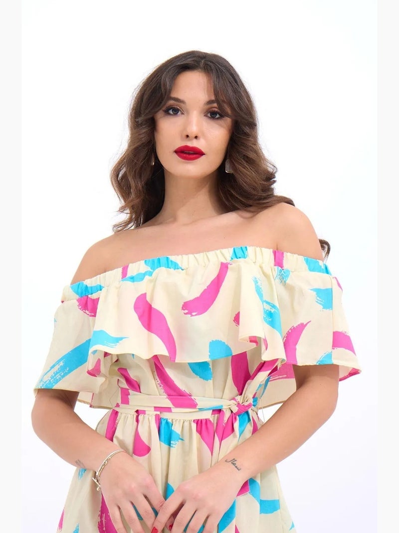 Vestido midi com padrão, folhos e ombros descobertos janes Bege-argila - Kiabi