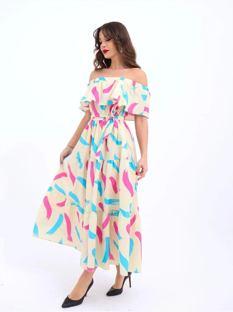 Vestido midi com padrão, folhos e ombros descobertos janes Bege-argila - Kiabi