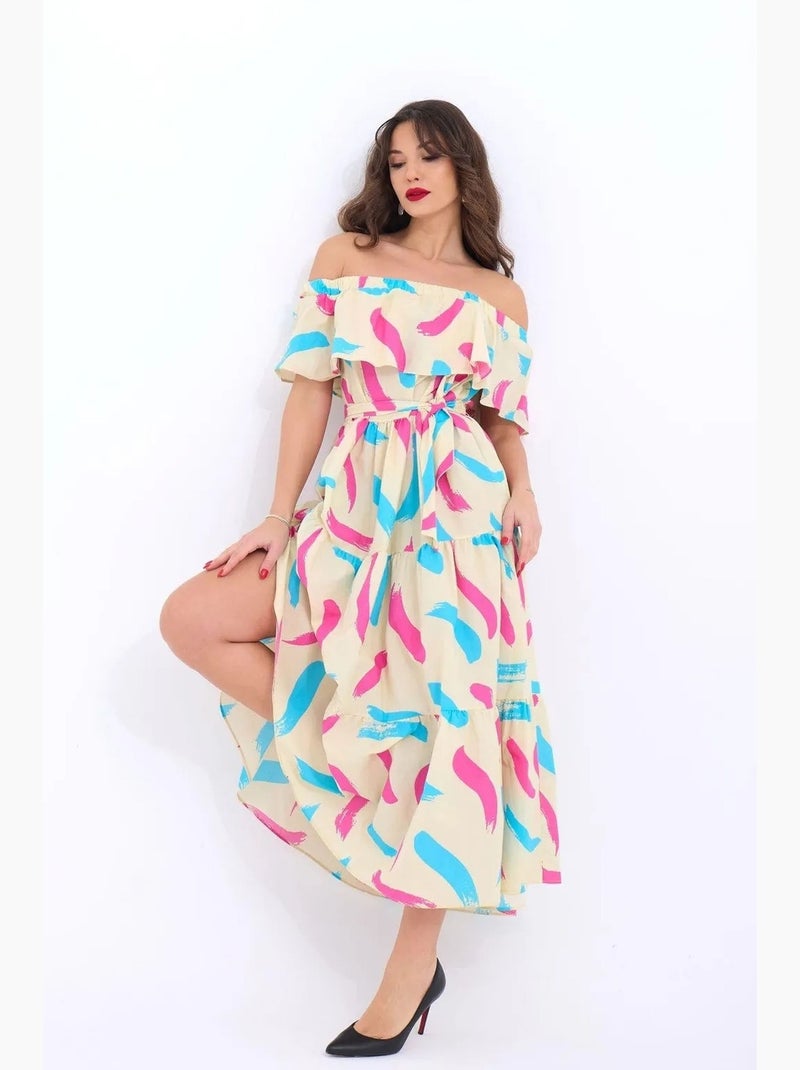 Vestido midi com padrão, folhos e ombros descobertos janes Bege-argila - Kiabi