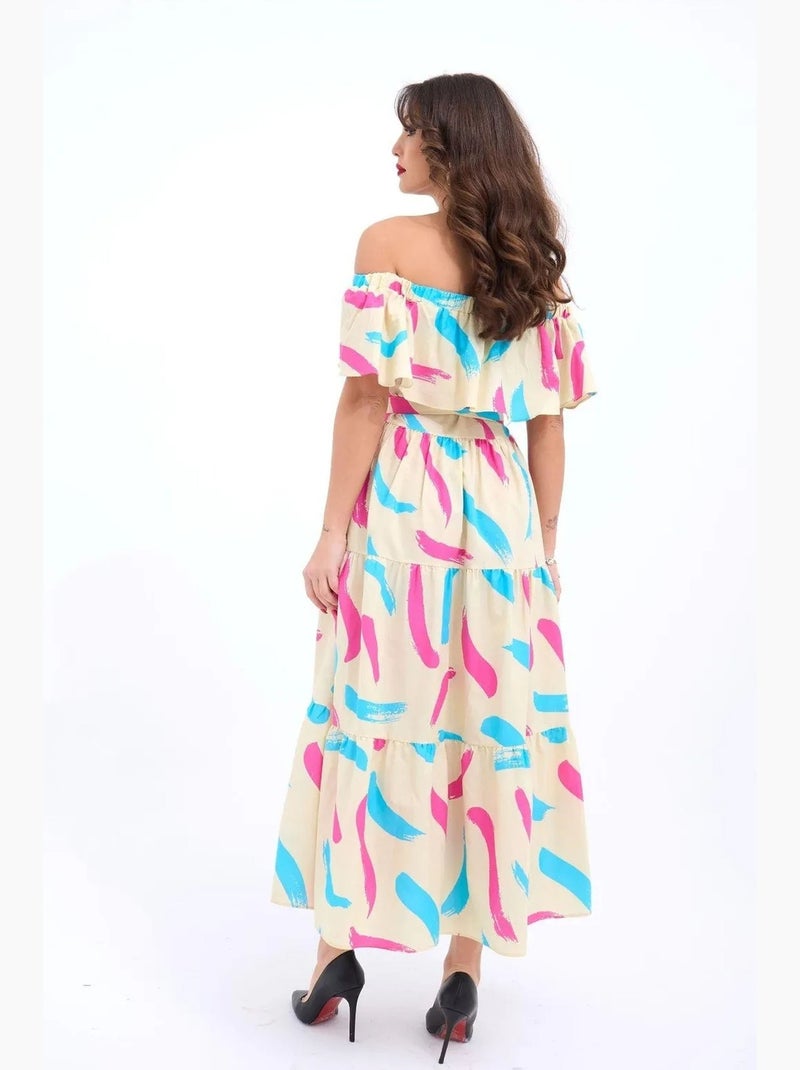 Vestido midi com padrão, folhos e ombros descobertos janes Bege-argila - Kiabi