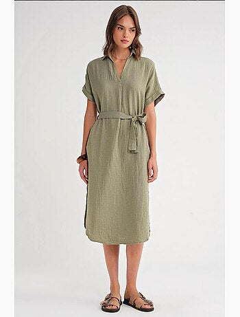 Vestido midi cruzado com cinto e manga curta mixray