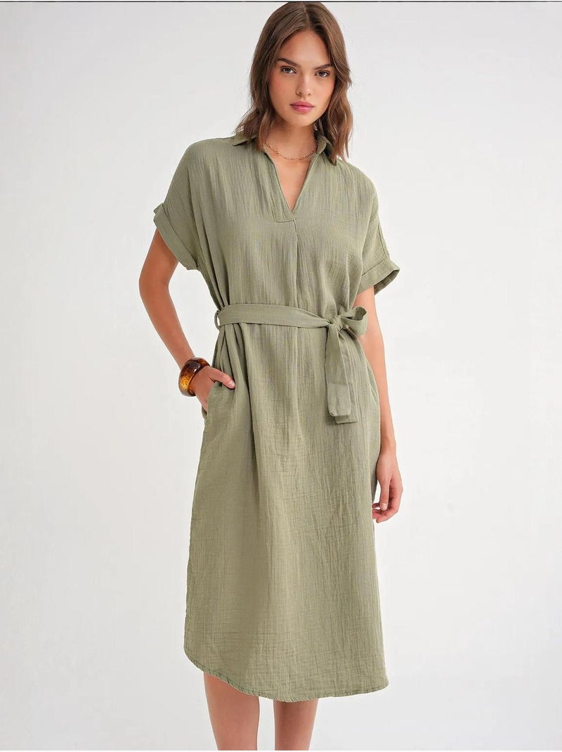 Vestido midi cruzado com cinto e manga curta mixray Cáqui - Kiabi