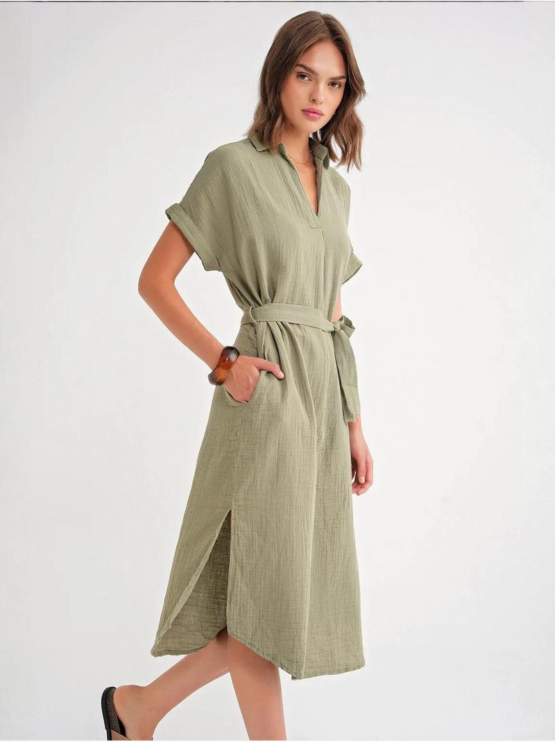 Vestido midi cruzado com cinto e manga curta mixray Cáqui - Kiabi