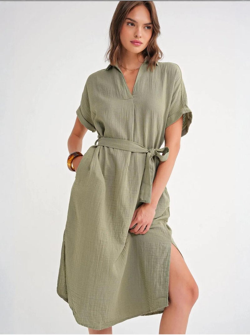Vestido midi cruzado com cinto e manga curta mixray Cáqui - Kiabi