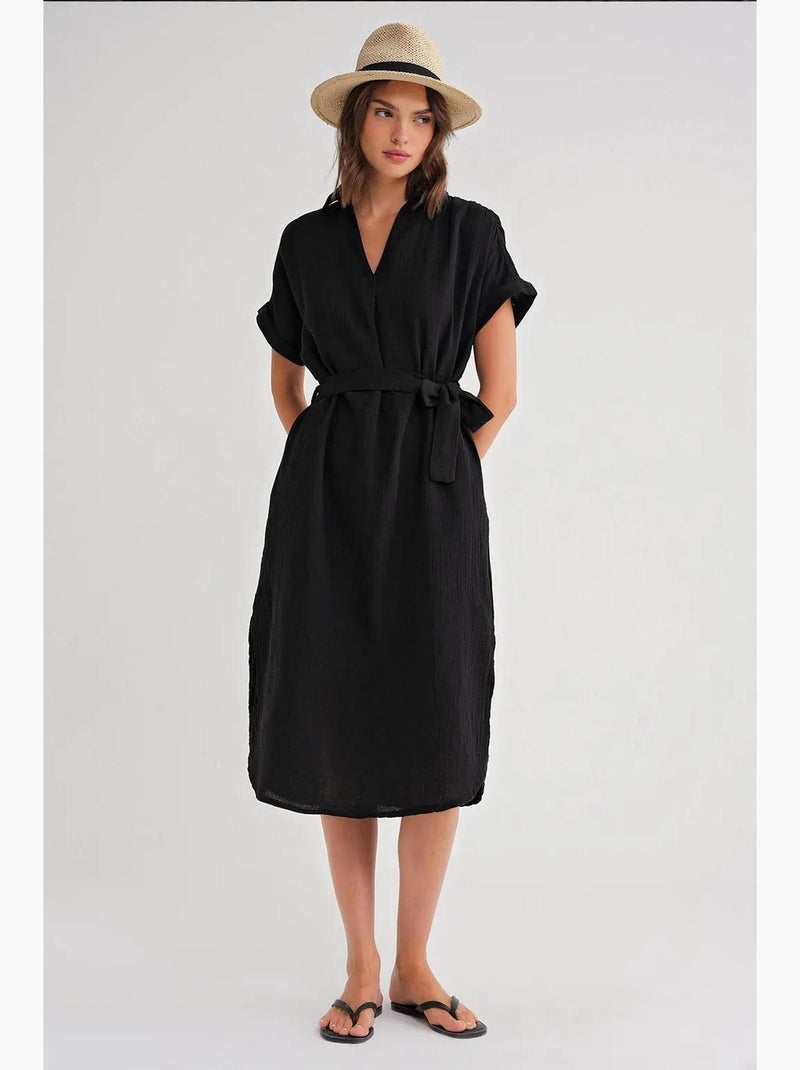 Vestido midi cruzado com cinto e manga curta mixray Preto - Kiabi