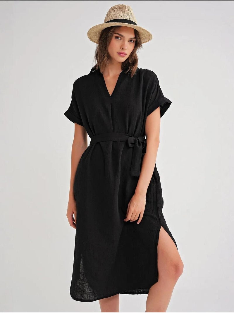 Vestido midi cruzado com cinto e manga curta mixray Preto - Kiabi