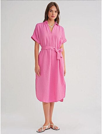 Vestido midi cruzado com cinto e manga curta mixray