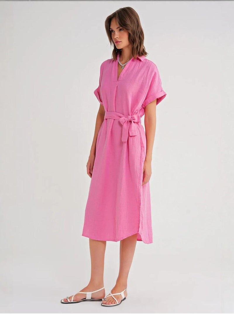 Vestido midi cruzado com cinto e manga curta mixray Rosa-fluo/Solinotes - Kiabi