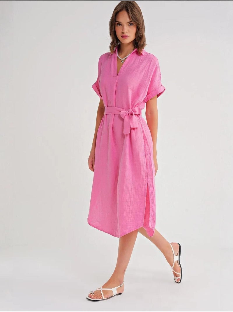 Vestido midi cruzado com cinto e manga curta mixray Rosa-fluo/Solinotes - Kiabi