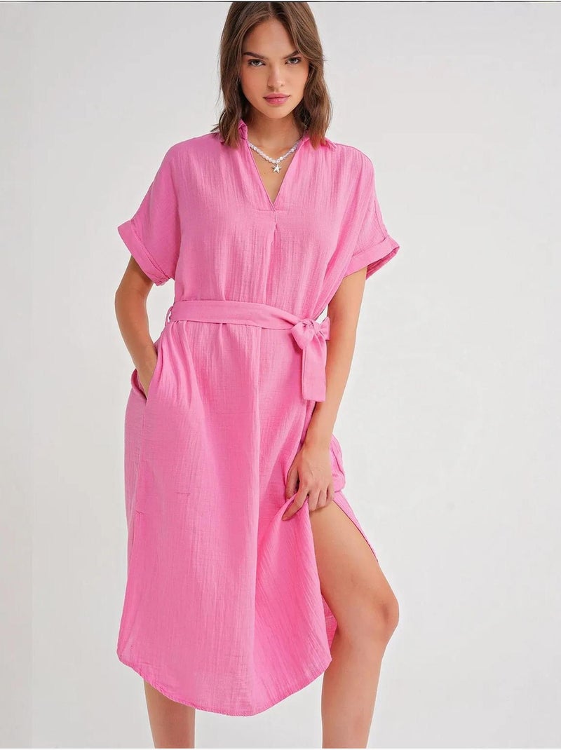Vestido midi cruzado com cinto e manga curta mixray Rosa-fluo/Solinotes - Kiabi