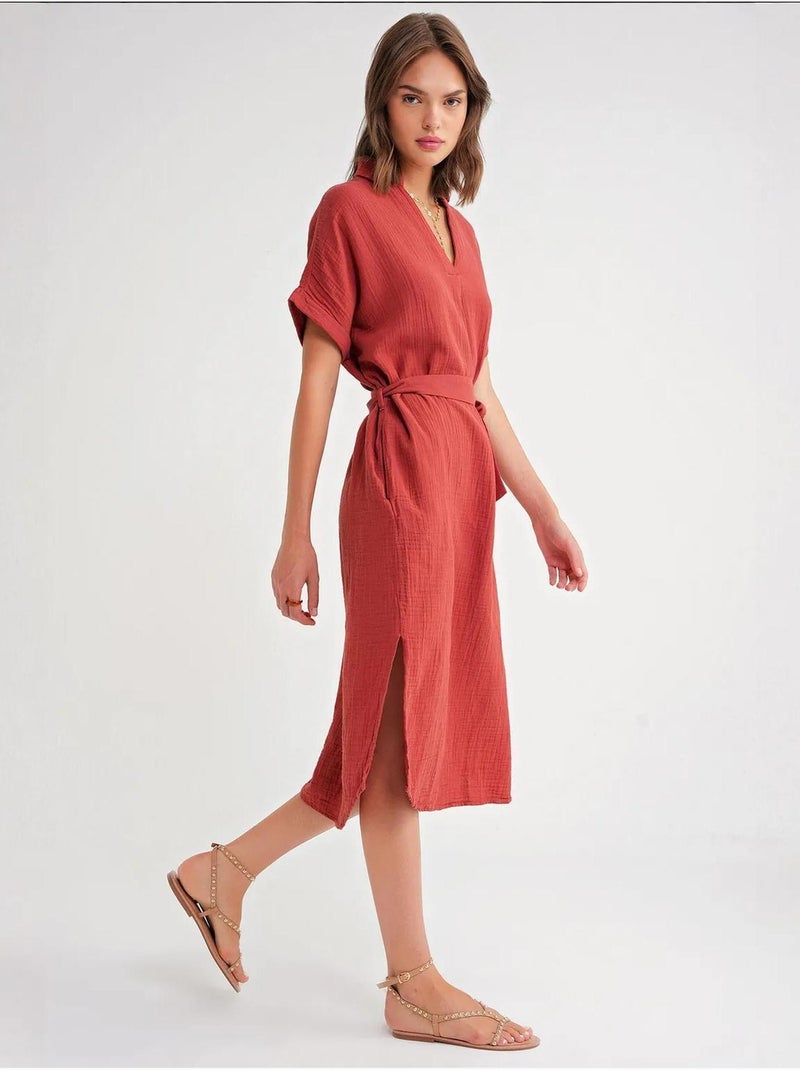 Vestido midi cruzado com cinto e manga curta mixray Vermelho escuro - Kiabi