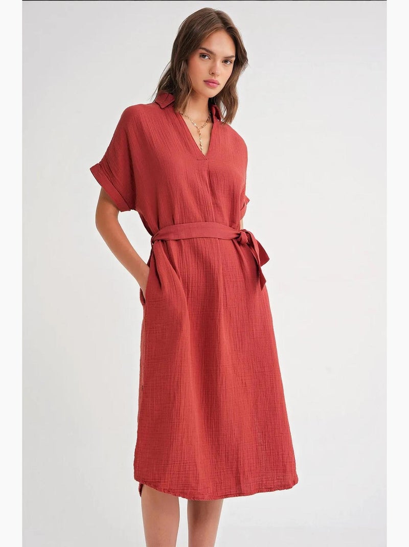 Vestido midi cruzado com cinto e manga curta mixray Vermelho escuro - Kiabi