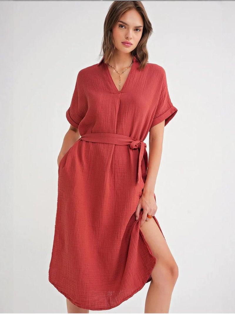 Vestido midi cruzado com cinto e manga curta mixray Vermelho escuro - Kiabi