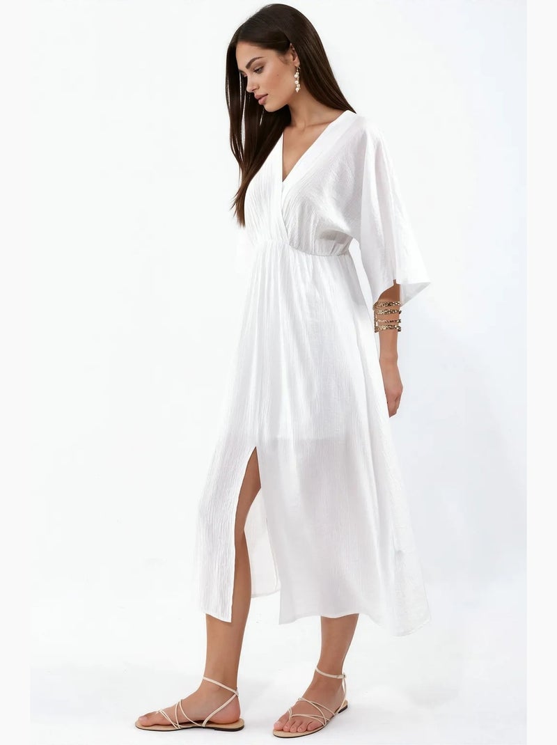 Vestido midi cruzado com decote em v e mangas três quartos busem Branco sujo - Kiabi