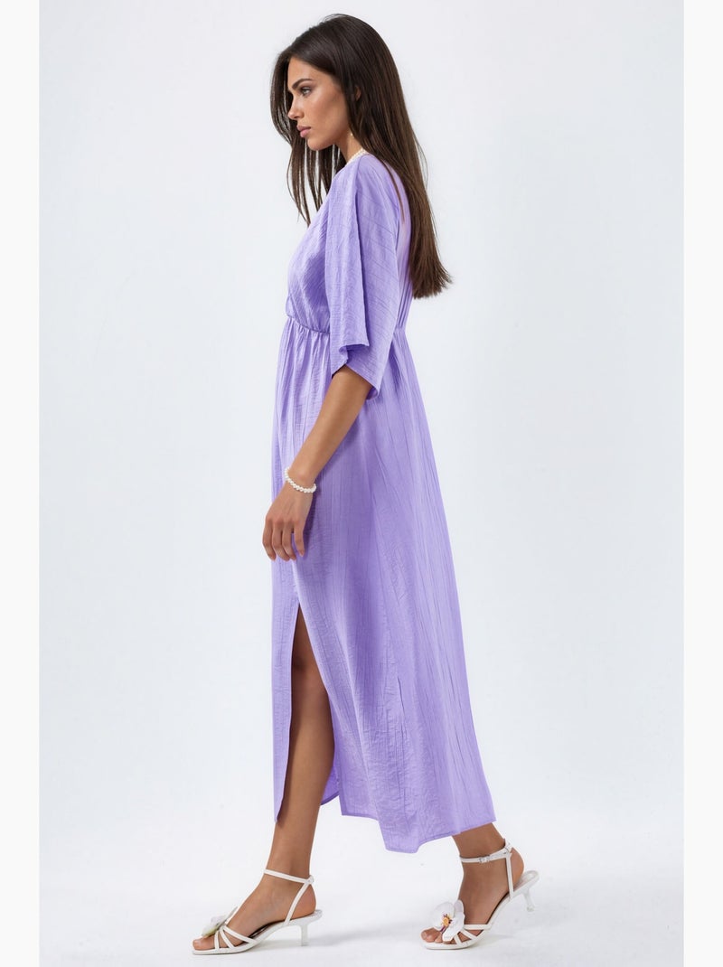 Vestido midi cruzado com decote em v e mangas três quartos busem Lavanda - Kiabi