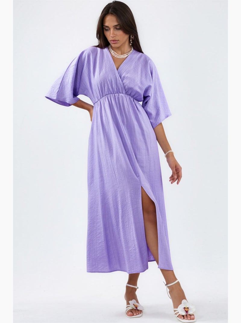 Vestido midi cruzado com decote em v e mangas três quartos busem Lavanda - Kiabi