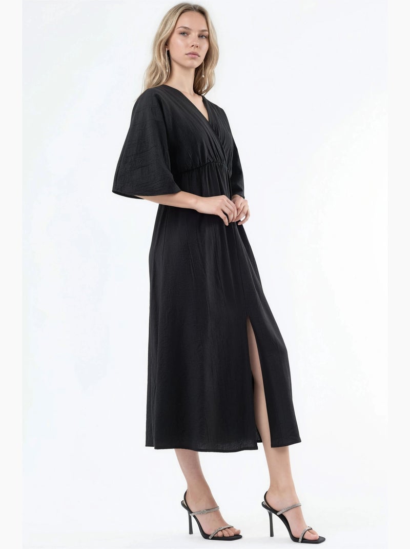 Vestido midi cruzado com decote em v e mangas três quartos busem Preto - Kiabi