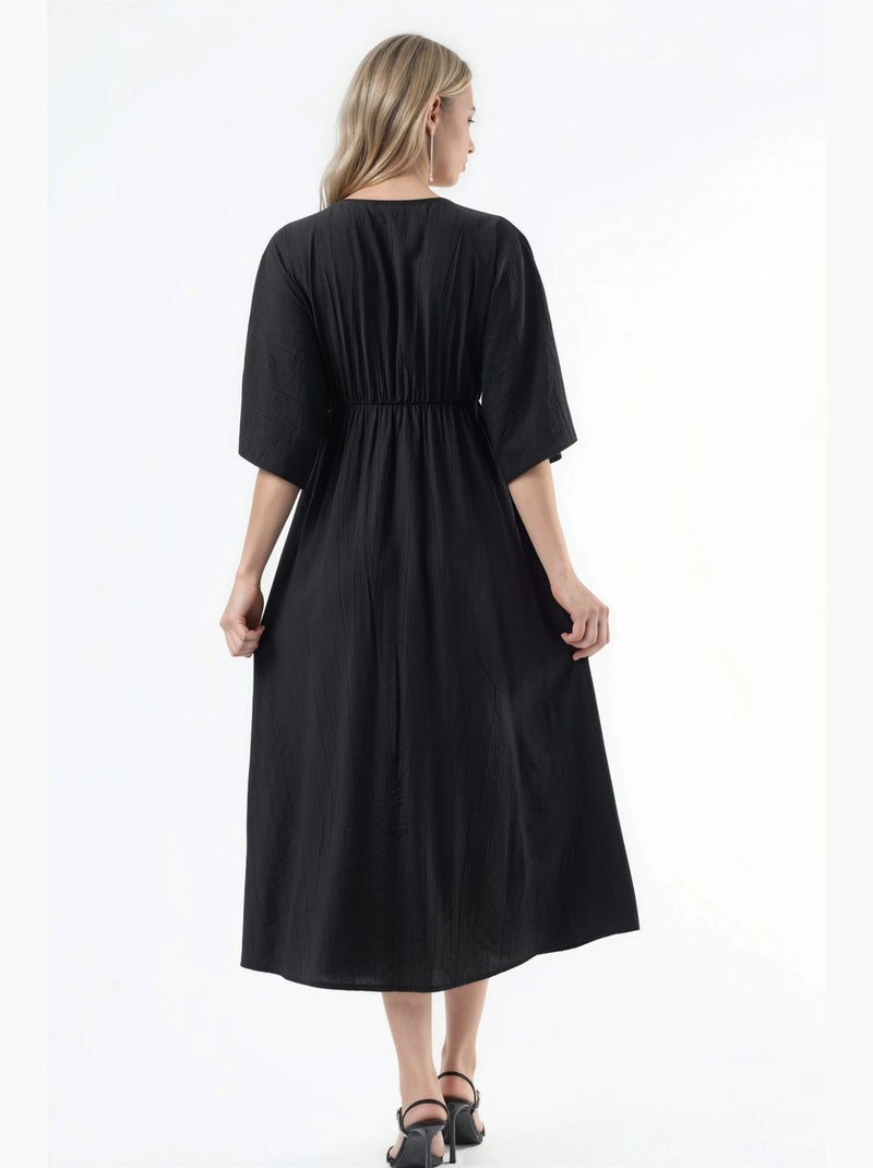 Vestido midi cruzado com decote em v e mangas três quartos busem Preto - Kiabi