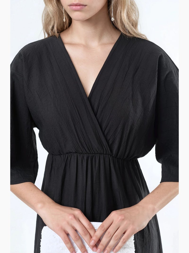 Vestido midi cruzado com decote em v e mangas três quartos busem Preto - Kiabi