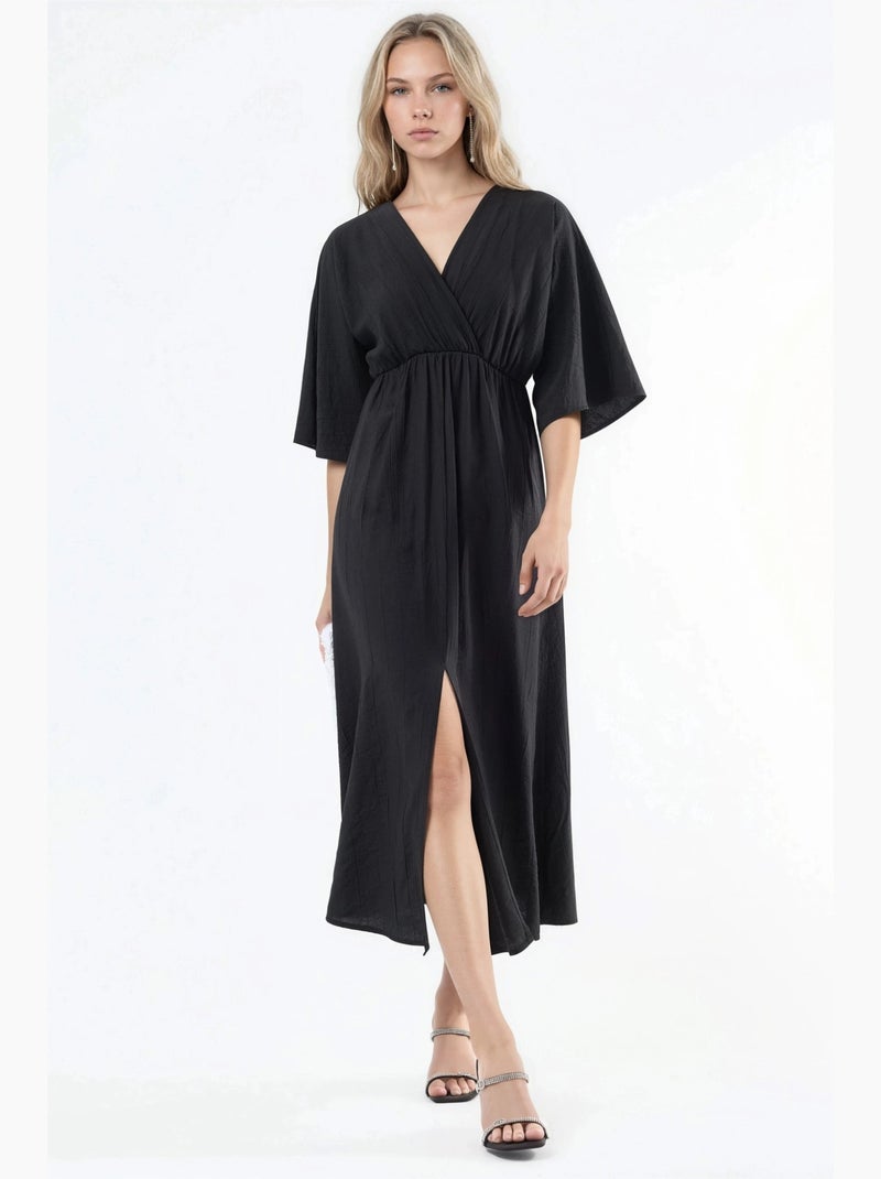 Vestido midi cruzado com decote em v e mangas três quartos busem Preto - Kiabi