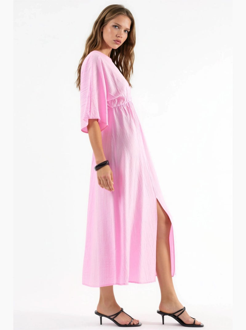 Vestido midi cruzado com decote em v e mangas três quartos busem Rosa-pálido - Kiabi