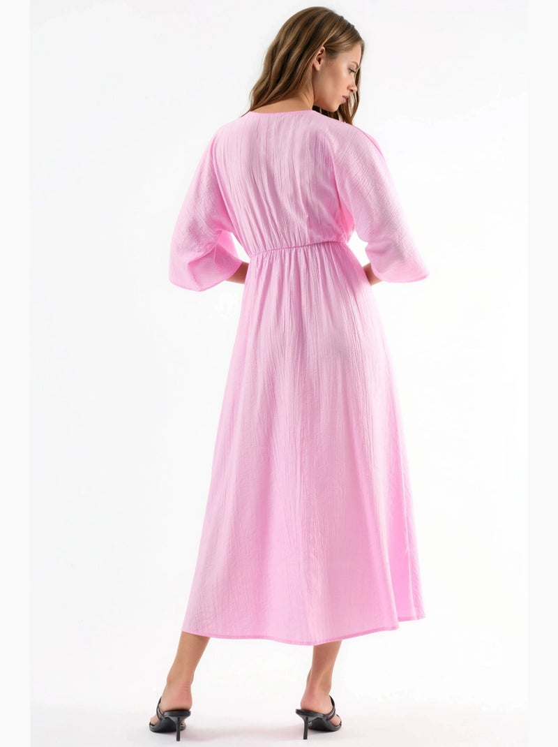 Vestido midi cruzado com decote em v e mangas três quartos busem Rosa-pálido - Kiabi